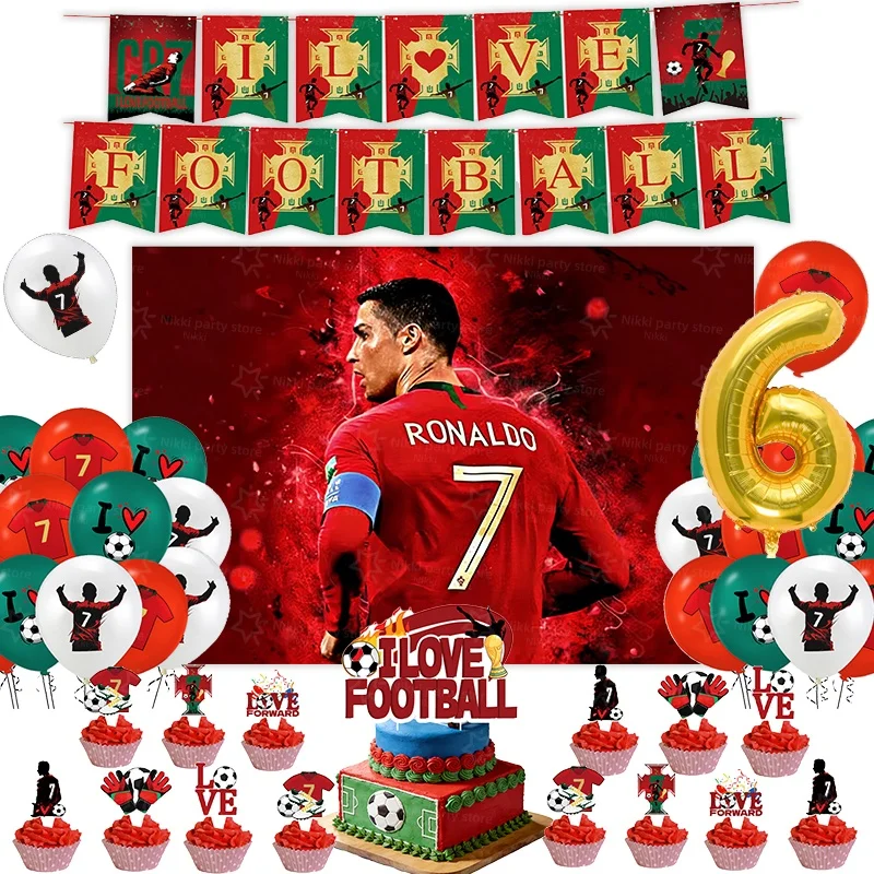 Nieuwe CR7 Verjaardagdecoratie Voetbal Superster Feestartikelen Voetbal Party Favoren Tafelkleed Bordjes Papieren Bekers Achtergrond