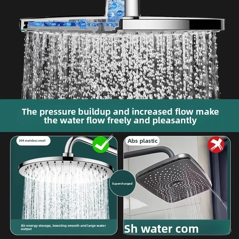 Pressure-enhanced large-top spray shower head made of stainless steel, suitable for home bathroom use for showering and bathing.