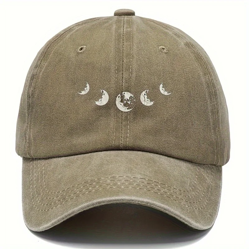 Vintage Baseball Cap - Adjustable Dad Hat with Crescent Moon Phase Print, Beige/ Brownish-Grey Washed Look, Lightweight 25gsm Vi