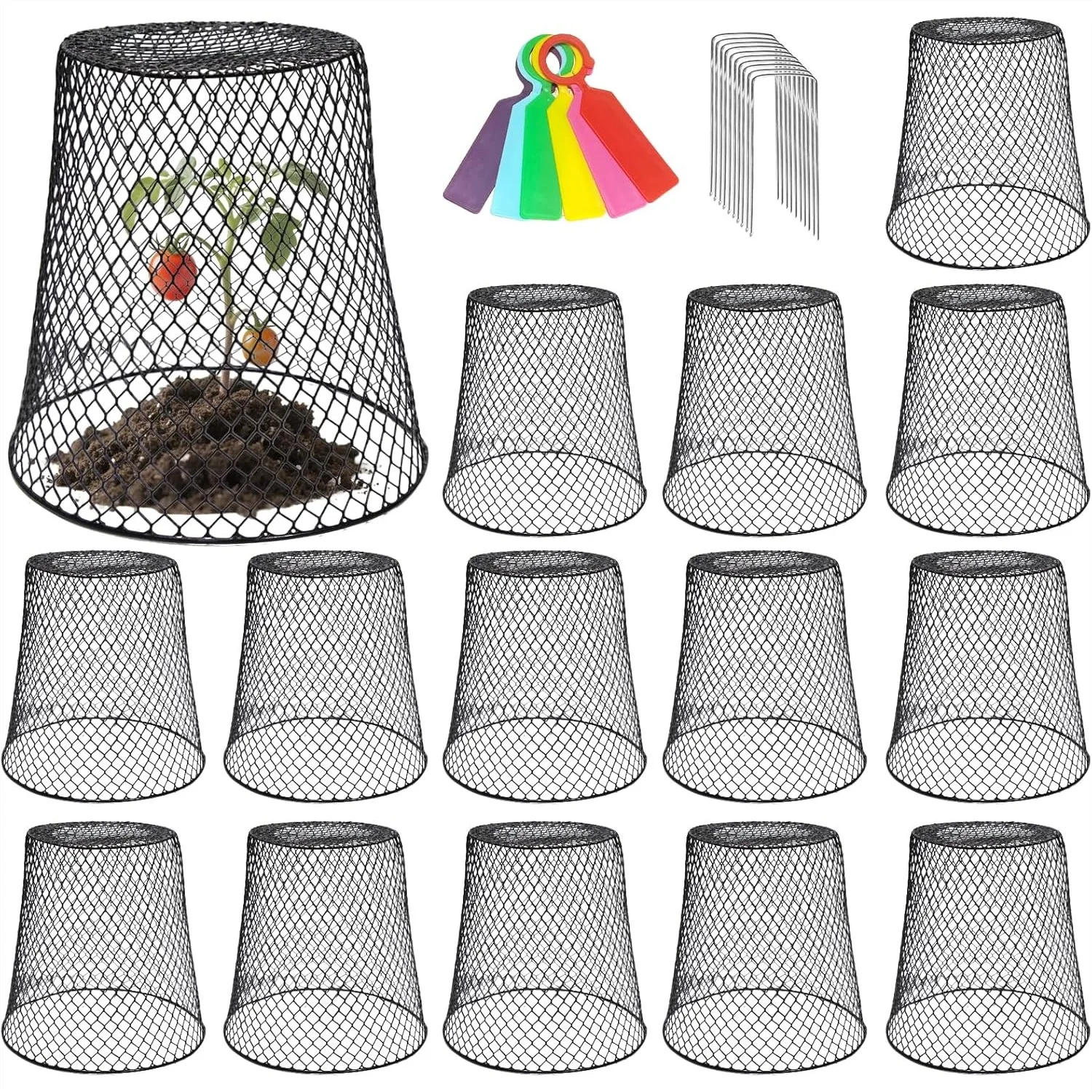 

15 Sets Chicken Wire Plant Covers Garden Netting Heavy Duty Plant Protectors From Animals 9.13x9.13in With Stakes And Labels