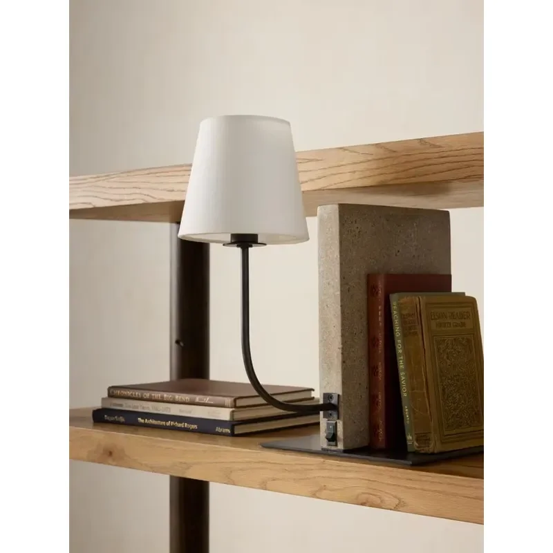 Modern Nordic Table Lamp Polished Stone Base Linen Shade Wrought Iron Arm Light for Bedroom Dining Room Hotel Villa Decor Art 3