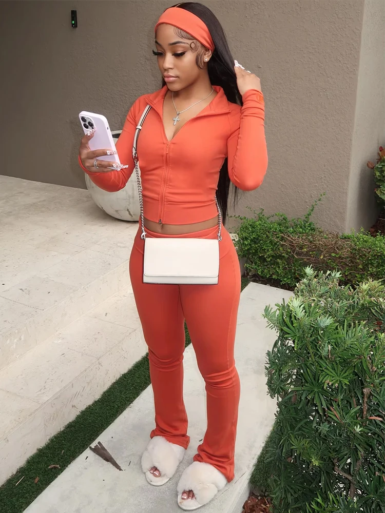 

Weird Puss Casual Sporty 2 Piece Set Women Tracksuit Basic Stretch Zip Jacket+Stretch Flare Pants Matching Fitness Street Outfit