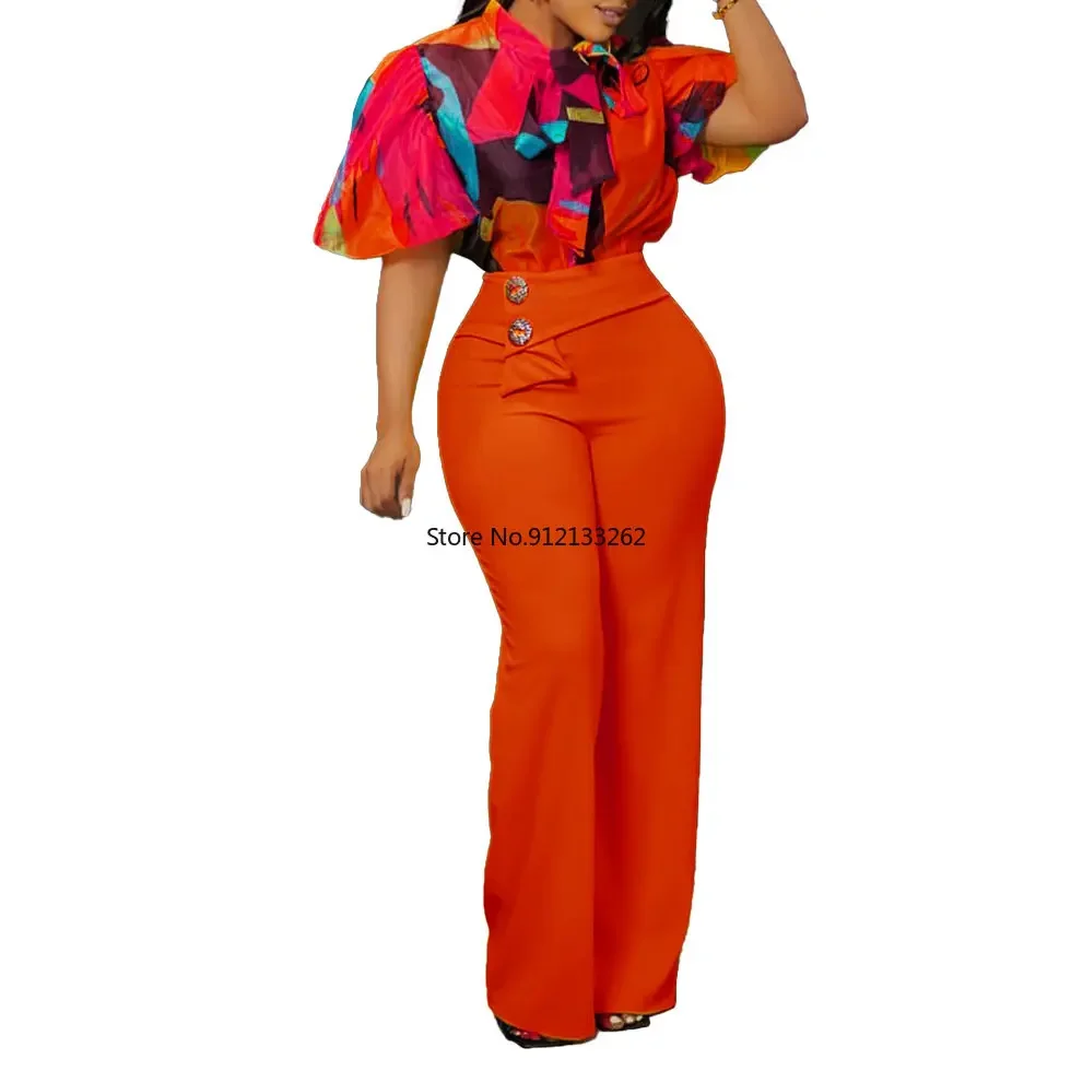 African Clothes for Women Summer Sexy African Women Short Sleeve Polyester Two Pieces Sets Shirts and Long Pant African Suit