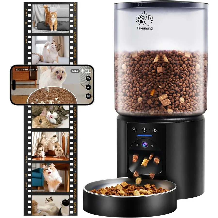 

5L Automatic Cat Feeder with 2K HD Camera and Night Vision for Multiple Pets 5G WiFi Enabled Smart Dog Food Dispenser with Fres