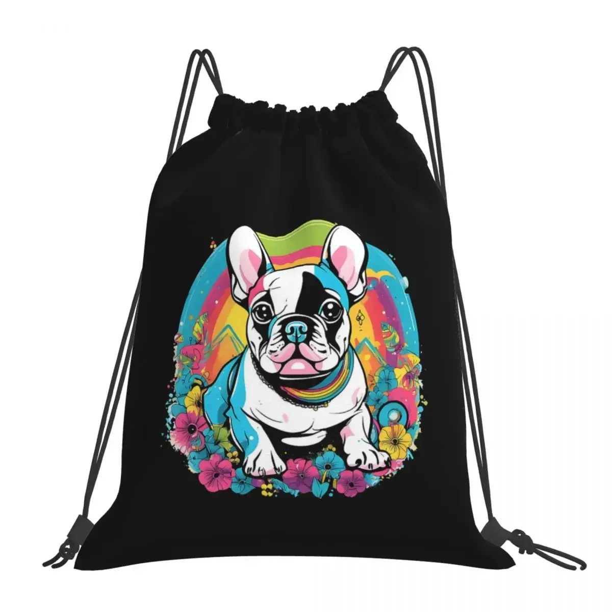 French Bulldog Retro Vibes - Colorful Backpacks Drawstring Bags Drawstring Bundle Pocket Shoes Bag BookBag For Travel Students