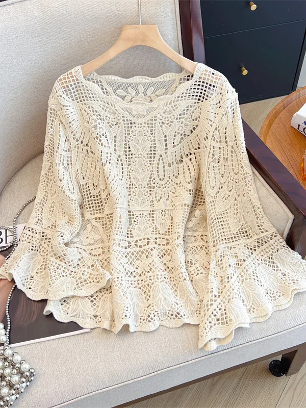 Stunning Lace irt Long Sve Hollow out Beautiful Belly Covering Bell Sve Cover up Top for plus Size Women Summer New A...