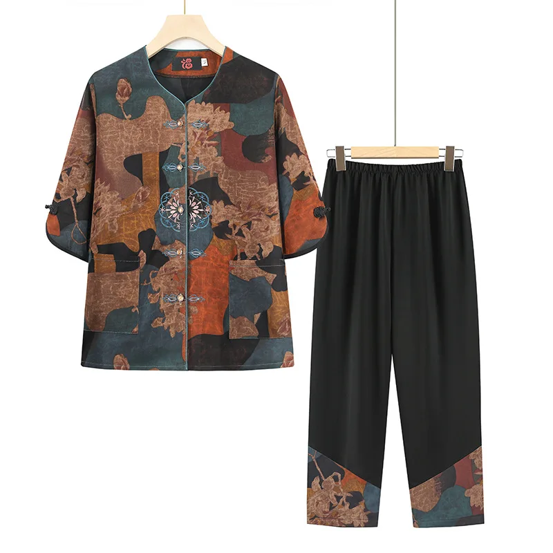 Vêtements traditionnels chinois de la dynastie Tang pour femmes d'âge moyen, ensemble t-shirt à manches courtes, Qipao élégant, grand-mère, grande taille, 6XL, 2024