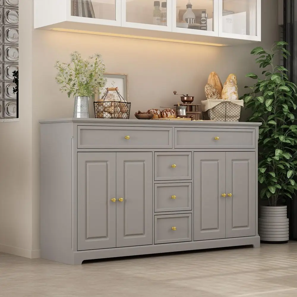 Grey Kitchen Sideboard with 5 Drawers & 4 Doors, Dining Room Storage Cabinet for Bar & Wine