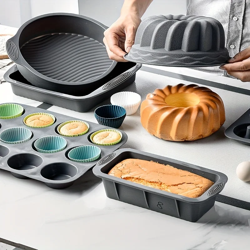 Heat resistant silicone loaf bread muffin donut cake baking tray oven baking pan silicone bakeware set Silicone Cake Pan Set