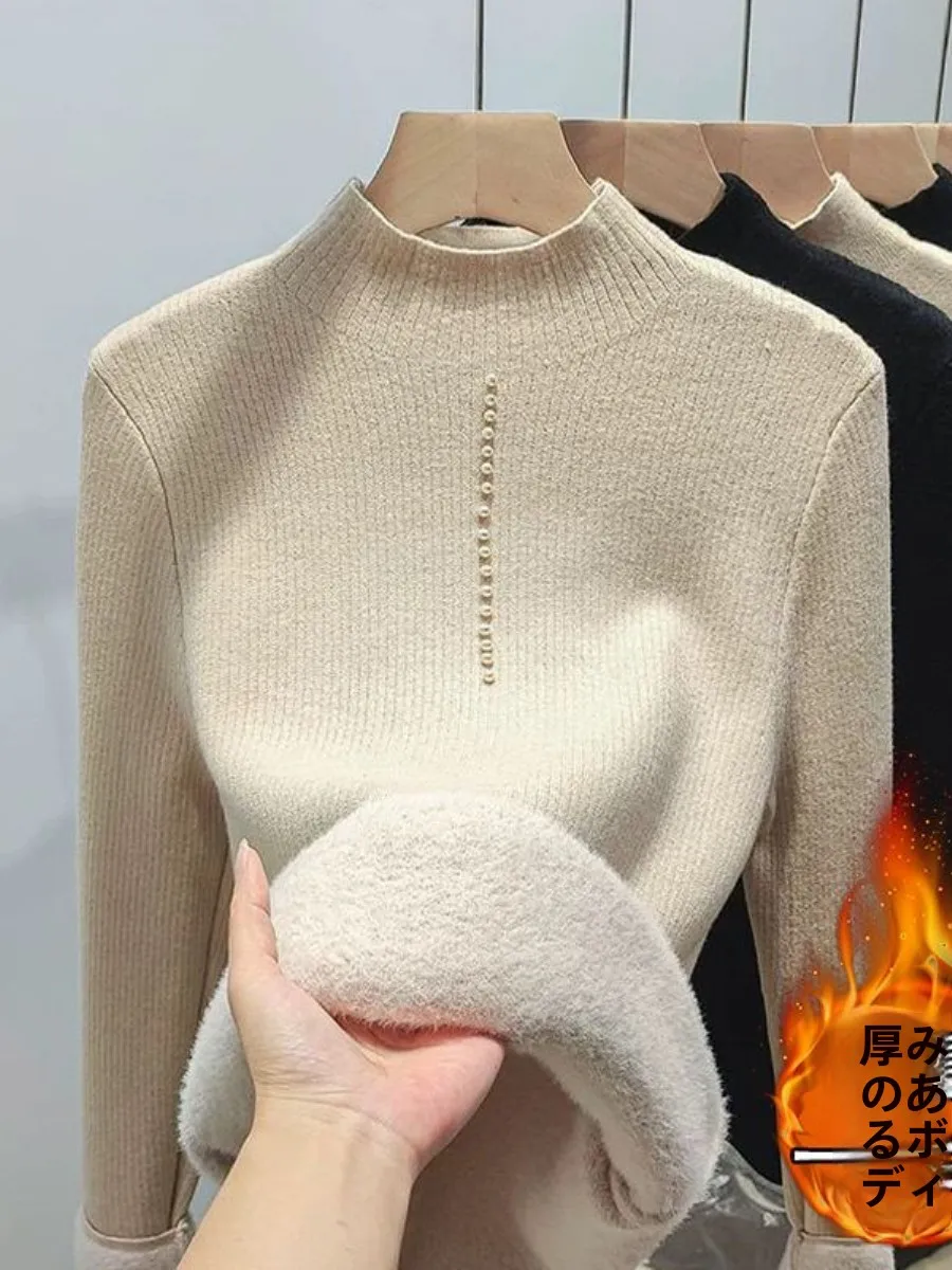 women's-fleece-lined-thickened-knitted-sweater-one-piece-velvet-inner-shirt-half-high-fashion-two-piece-set-autumn-winter-new