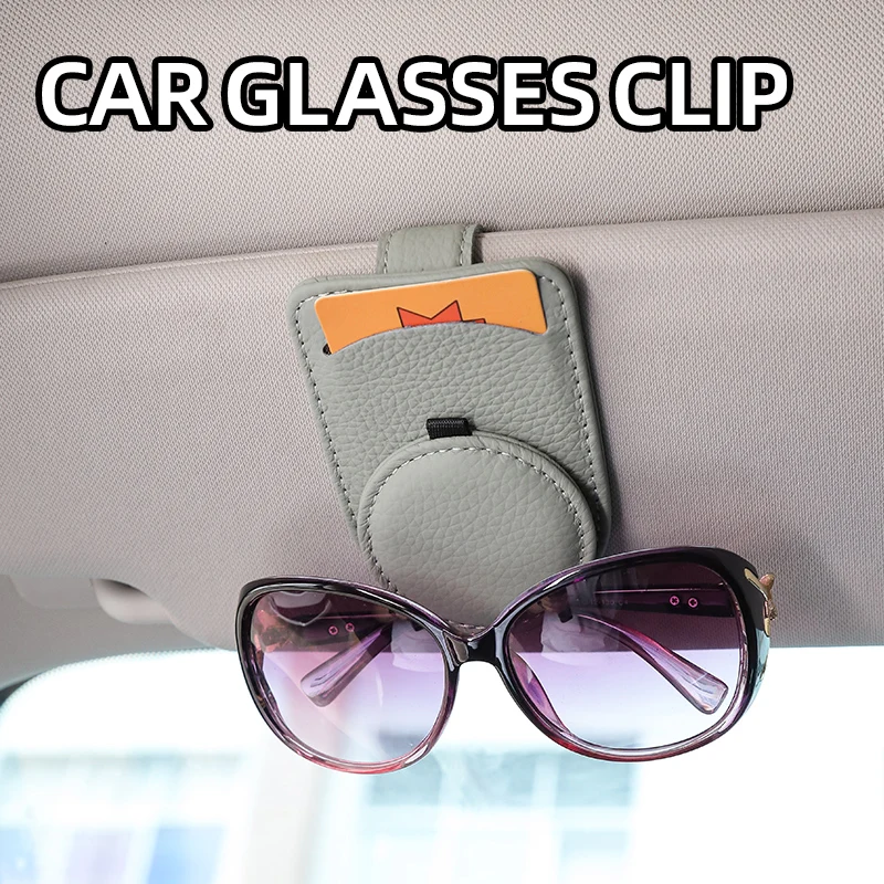 

Grey PU leather car mounted glasses holder, multifunctional car sunglasses box, sun visor card storage clip