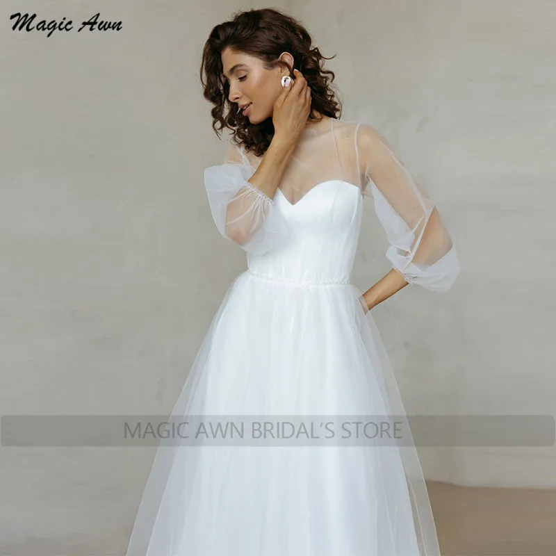 Magic Awn-vestidos De novia sencillos con mangas abullonadas blancas, ropa De boda De tul suave, con perlas y cuentas, 2023