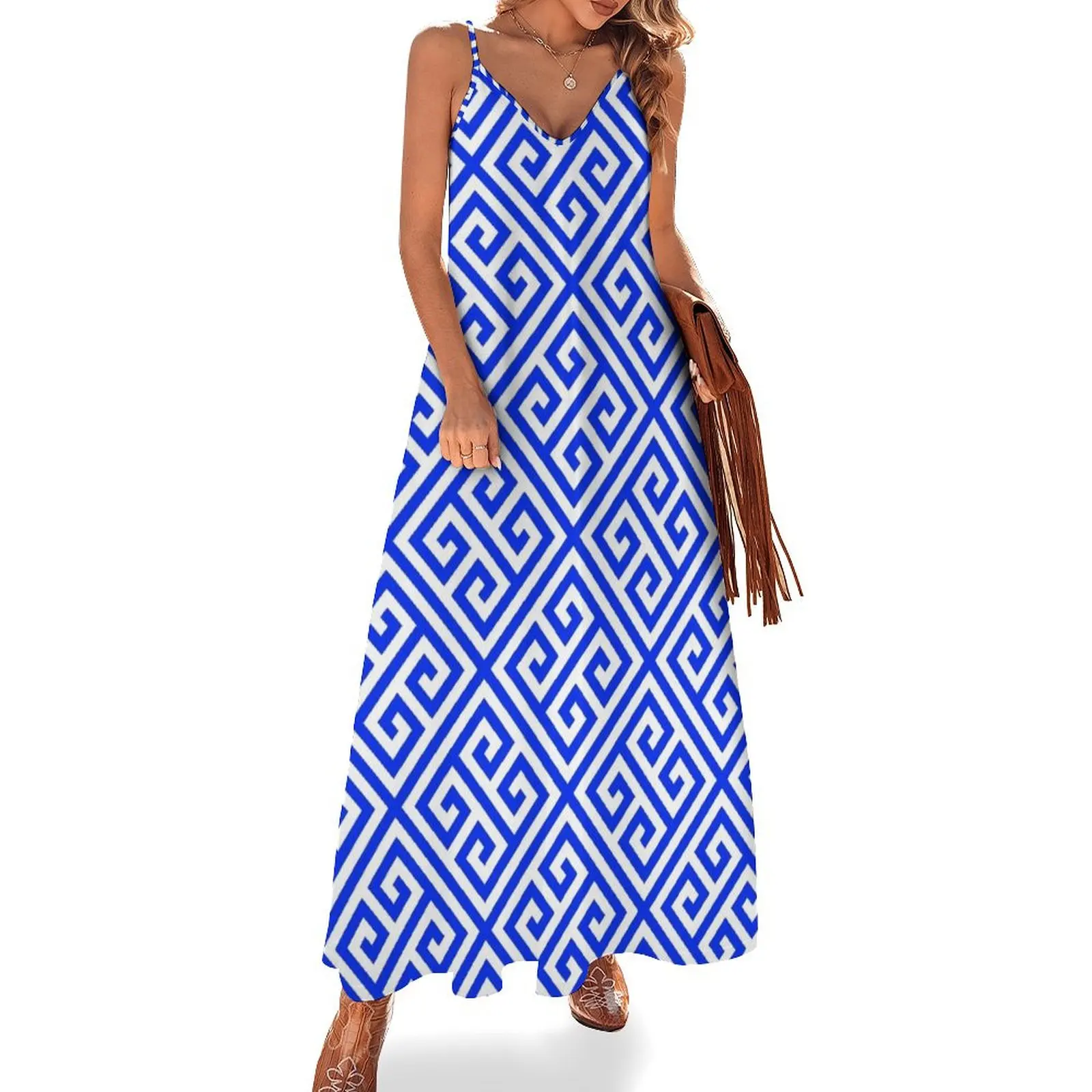 

blue white pattern, Greek Key pattern - Greek fret design Sleeveless Dress Dress for girls luxury woman evening dress