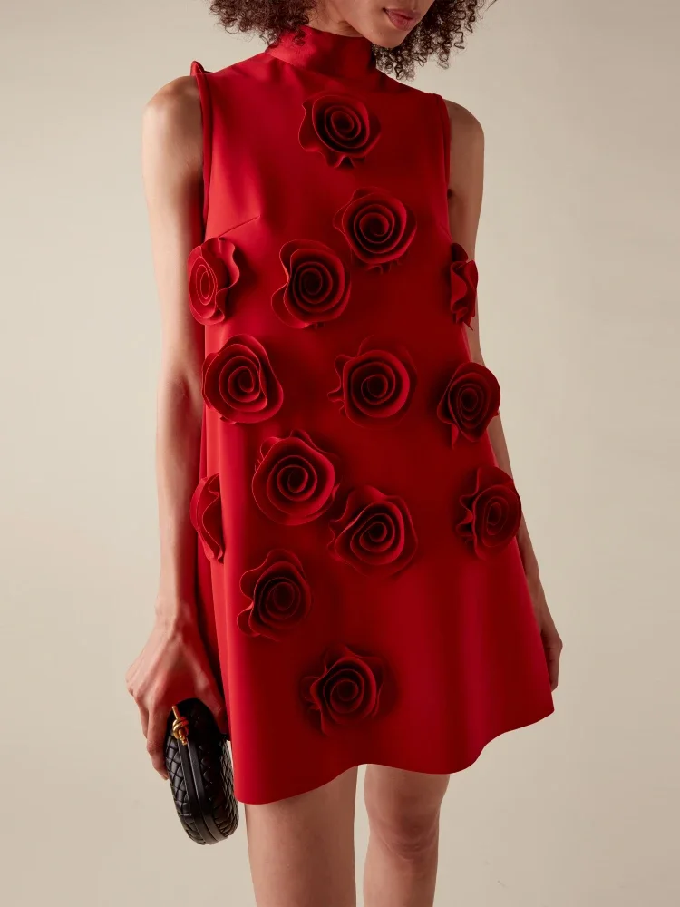 

Sexy Lace-up Neck Appliques Flower Mini Loose Dress Women Red Sleeveless Floral A Line Dresses Evening Party Celebrity Gowns