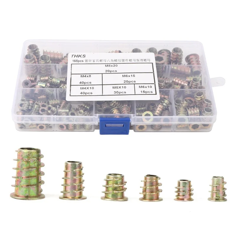 165 قطعة خيط سداسي إدراج الجوز الأثاث الخشبي المجلفن الجوز مجموعة اللون مطلي الكربون الصلب