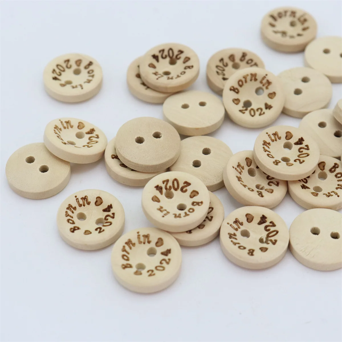 100pcs 15mm Wood Natural Laser Born in 2024/2025 2 Hole Buttons DIY Crafts For Cardmaking Scrapbooking Sewing Accessories