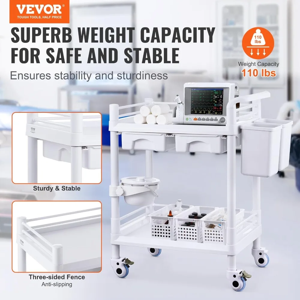 Medical Mobile Trolley Cart with 2 Drawers & 3 Trash Cans, with 4 Silent Wheels & 2 Dirts Bucket & Bowl, for Lab