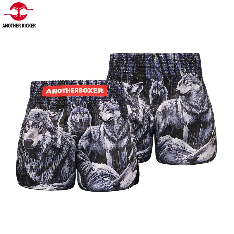 Wolf Print Muay Thai Boxing Shorts for Men Women Lightweight Satin Kickboxing Trunks Fight Shorts for MMA Sparring Martial Arts