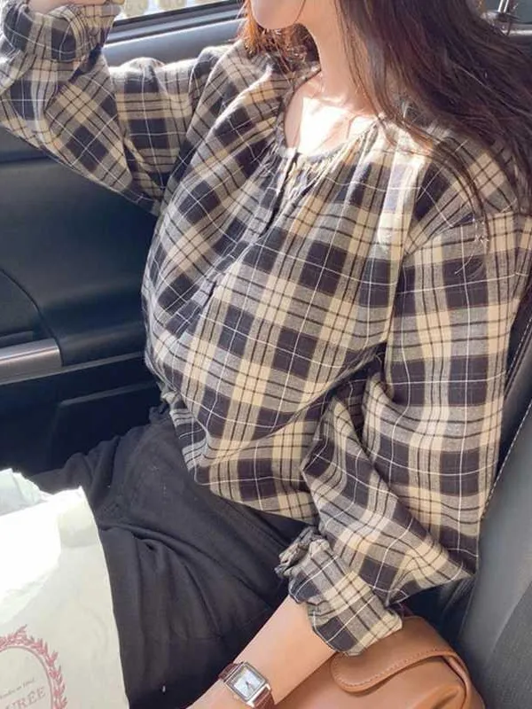 

Retro Simple Plaid Long Sve round Ne Loose Fit irt Versatile Autumn Faion Women's Busin Casual Top Trendy