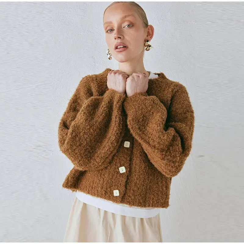 Retro Plush Single Breasted Cardigan Women Elegant Loose Solid O-neck Short Sweaters Female Winter Autumn Chic Street Knitwear