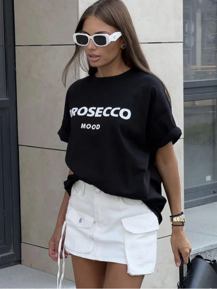 American Letter Bedrucktes T-Shirt Damen Baumwolle Rundhals Lose Kurzarmhemd Europäischer und amerikanischer INS Wind