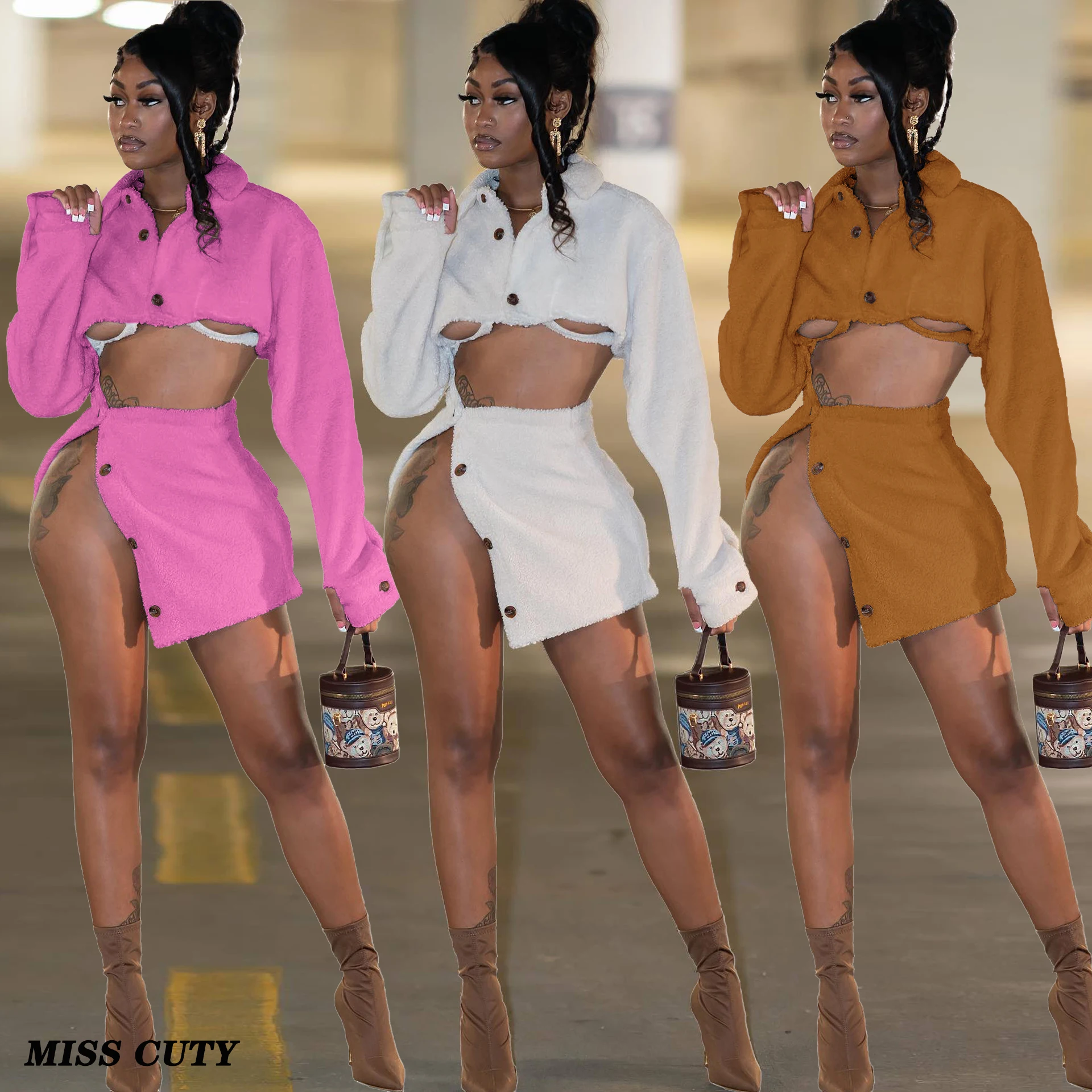 Fur Jackets 2 Piece Sets Outfits Y2K Streetwear 2023 Winter Women Clothes Club Pink Dress Sexy Crop Tops Two Piece Skirt Sets