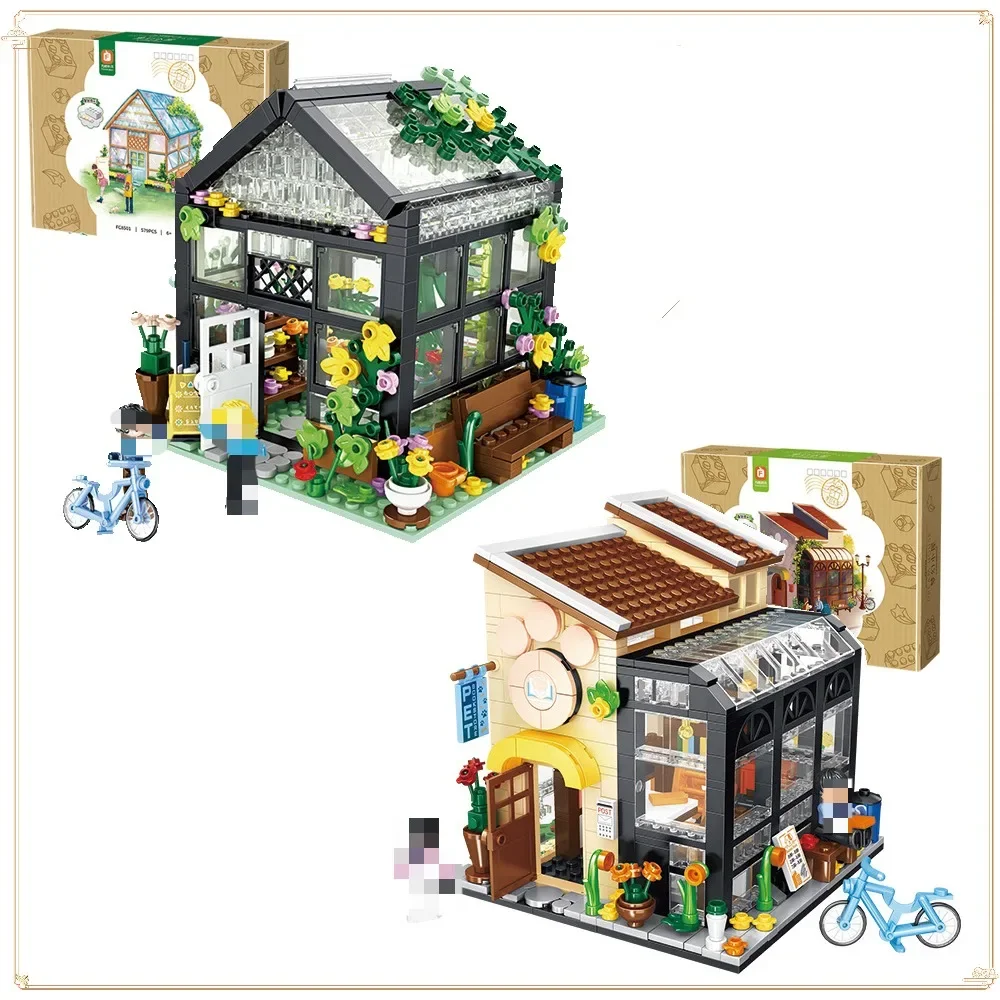 Street View Store Building Block Model Flower Shop and Coffee Shop Can Be Turned on With Lights Valentine's Day Christmas Gift