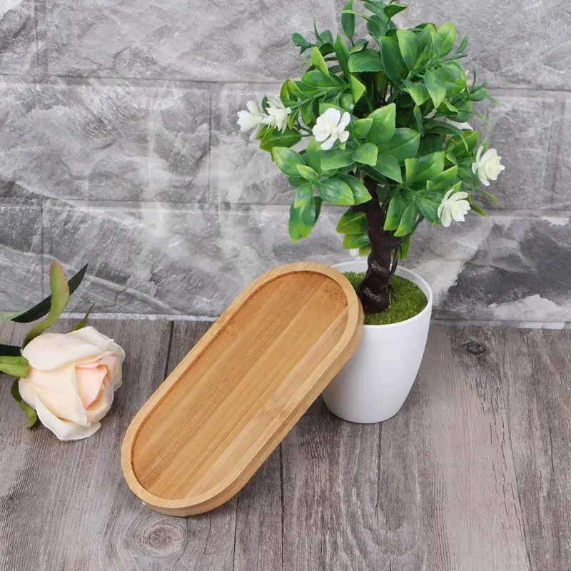 Oval Shape Bamboo Wood Saucer Plant Tray Mini Plant Flower Pot Stand Favor Succulent Pot Tray Simple Elegant Design Home Decor