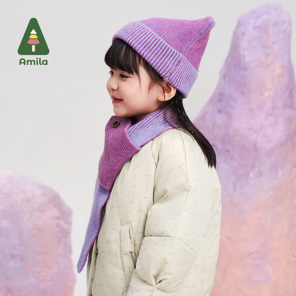 Amila 2024 New Winter Color Matching For Boys And Girls Warm Soft Skin-Friendly And Cute Children's Scarf And Hat Two-Piece Set