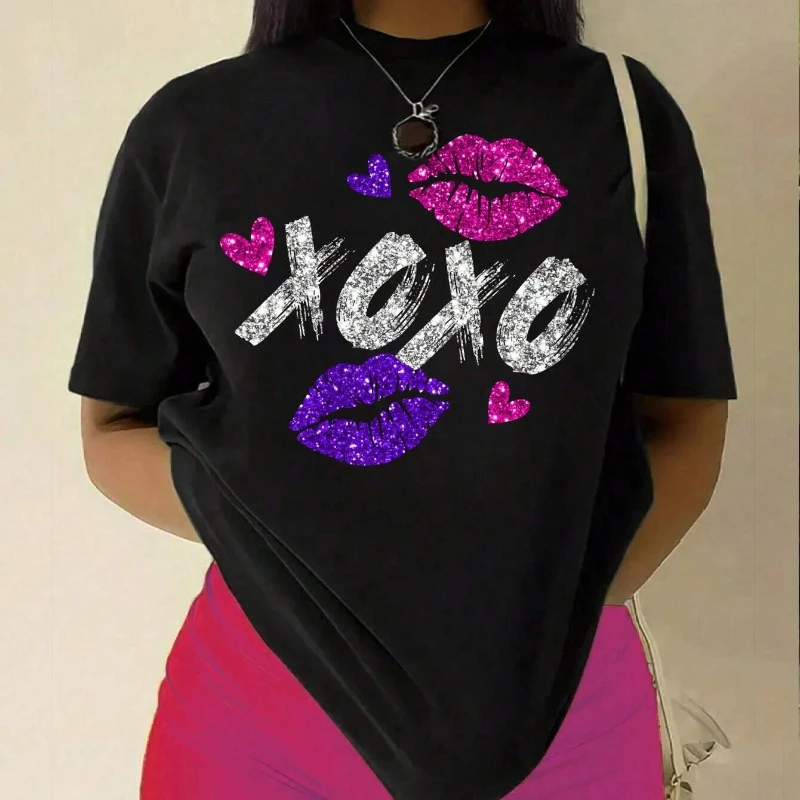 Xoxo Pink And Purple Lips Print Women Tshirt Brand Summer T Shirt Casual Oversized Street Tee Clothes Street Cotton Top Tees