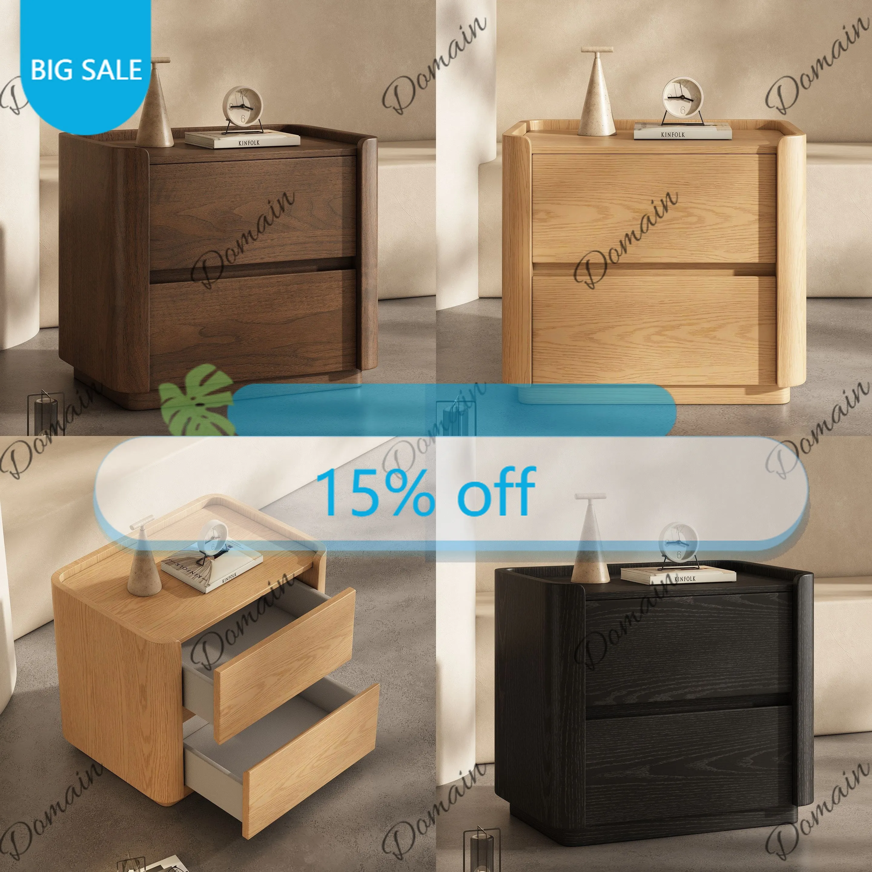 Th Full Wrap Round Corner Dark Walnut Double Drawer Nightstand Arc Anti-Collision Minimalist Solid Wood Bedside Cabinet