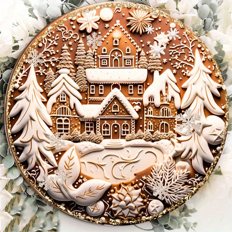

Durable Aluminum Metal Gingerbread House Cookie Christmas Sign and Wreath for Home Decor, Festive Design for Holiday Celebration