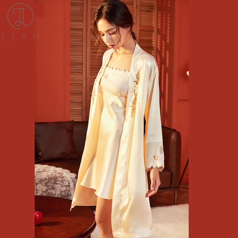 Ling Long Sleeve Robe Gowns Sets Sexy Silk Women\'s Sleepwear Homewear Clothing Solid Pajama Robe Sleep Shirts Night Gowns