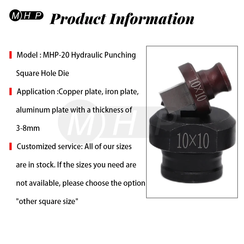 MHP Hydraulic Punching Square Hole Die for MHP-20 Electric Hydarualic Puncher,Troquel de Punzonado Hidráulico