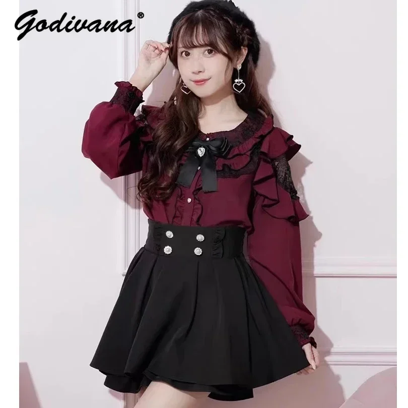 

Mine Mass-Produced Doll Collar Shoulder Lace Ruffled Long Sleeve Shirt Top Spring and Autumn Women's Sweet Blouses