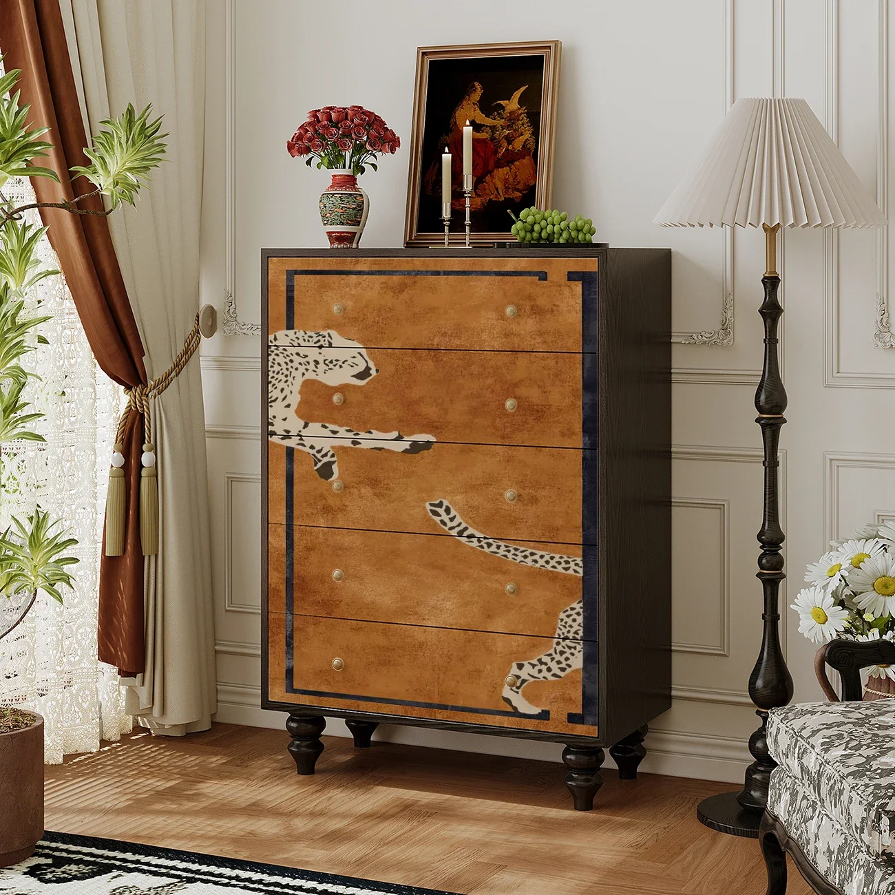 

American retro leopard chest of drawers, entrance cabinet, living room against the wall, side cabinet, bedroom