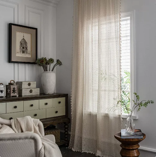 Boho Tassel Crochet Curtains for Living Room,Vintage Rod Pocket Curtains Geometry Striped Knitted Lace Light Filtering Curtains