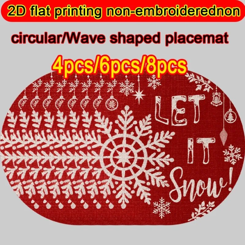 VIKAMA Linen Oval Placemat Set, Red Let It Snow Design, Washable Stain Resistant Easy Clean, Winter Dining Room Decor