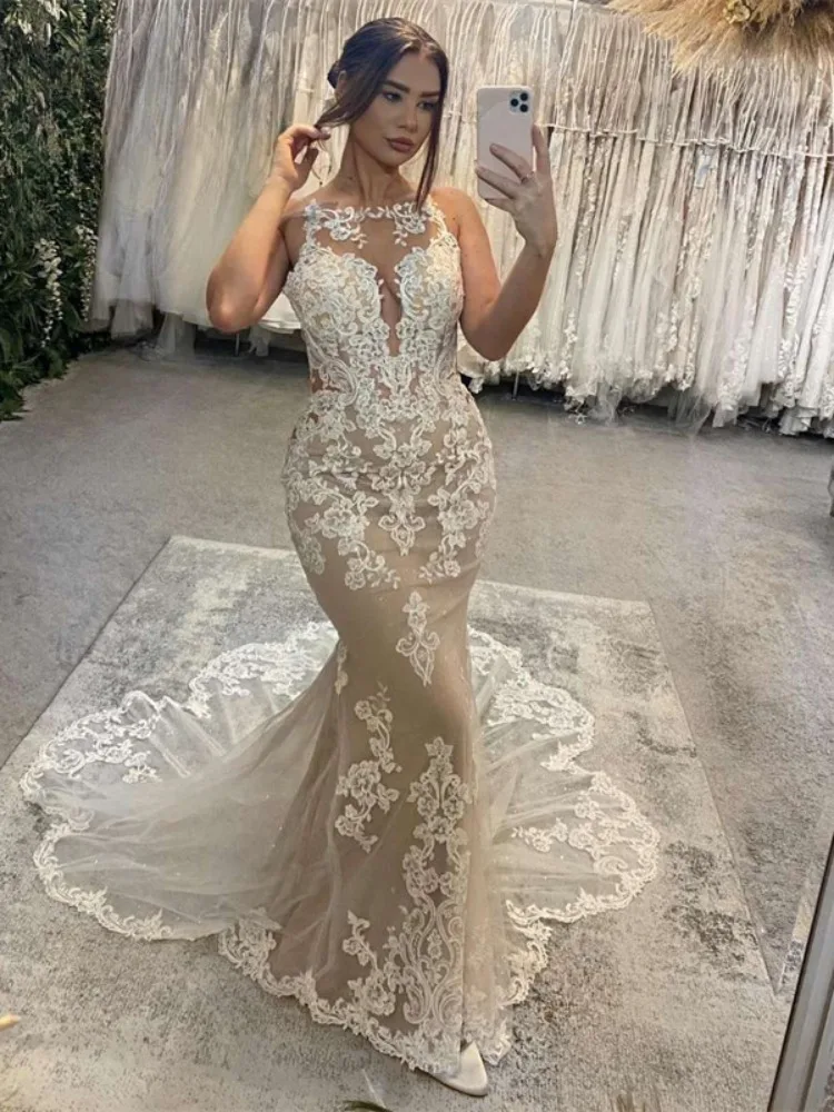 Boho O-hals Zeemeermin Trouwjurken Spaghetti Bandjes Open Rug Appliques Mouwloze Bruidsjurken Sweep Trein Vestidos De Novia