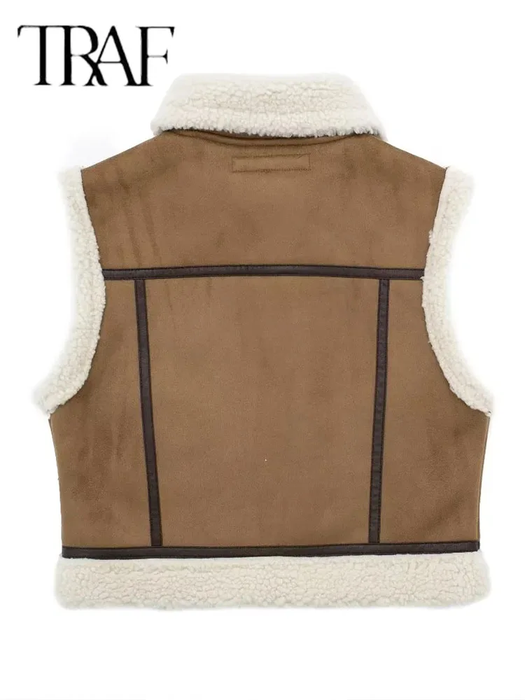 TRAF 2023 Autumn Female Fashion Faux Leather Lambswool Patchwork Sleeveless Vest Jacket Thickening Warm Zip Waistcoats Coat