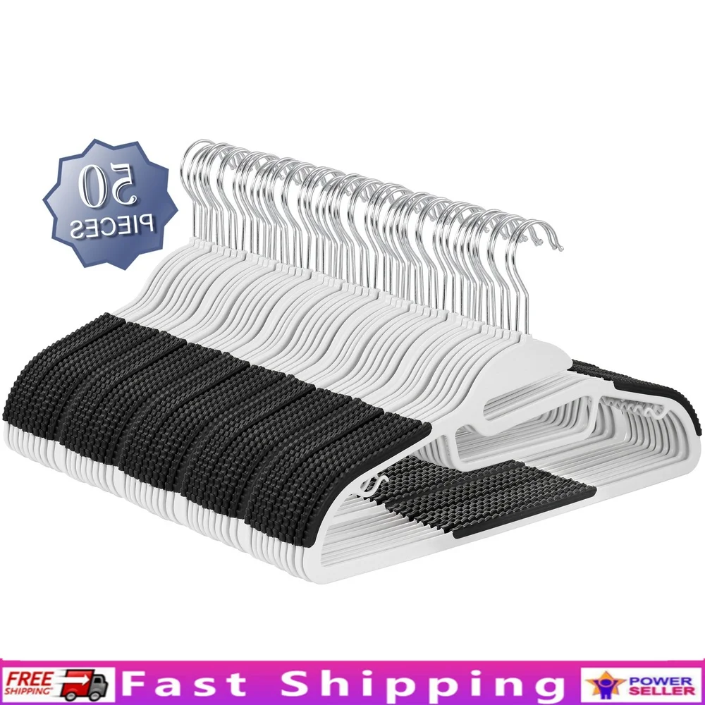 

50 Piece Non Slip Hangers with U-Slide Swivel Hook Accessory Tabs Ridged Edge Pants Shirts Scarves Ties Organizer