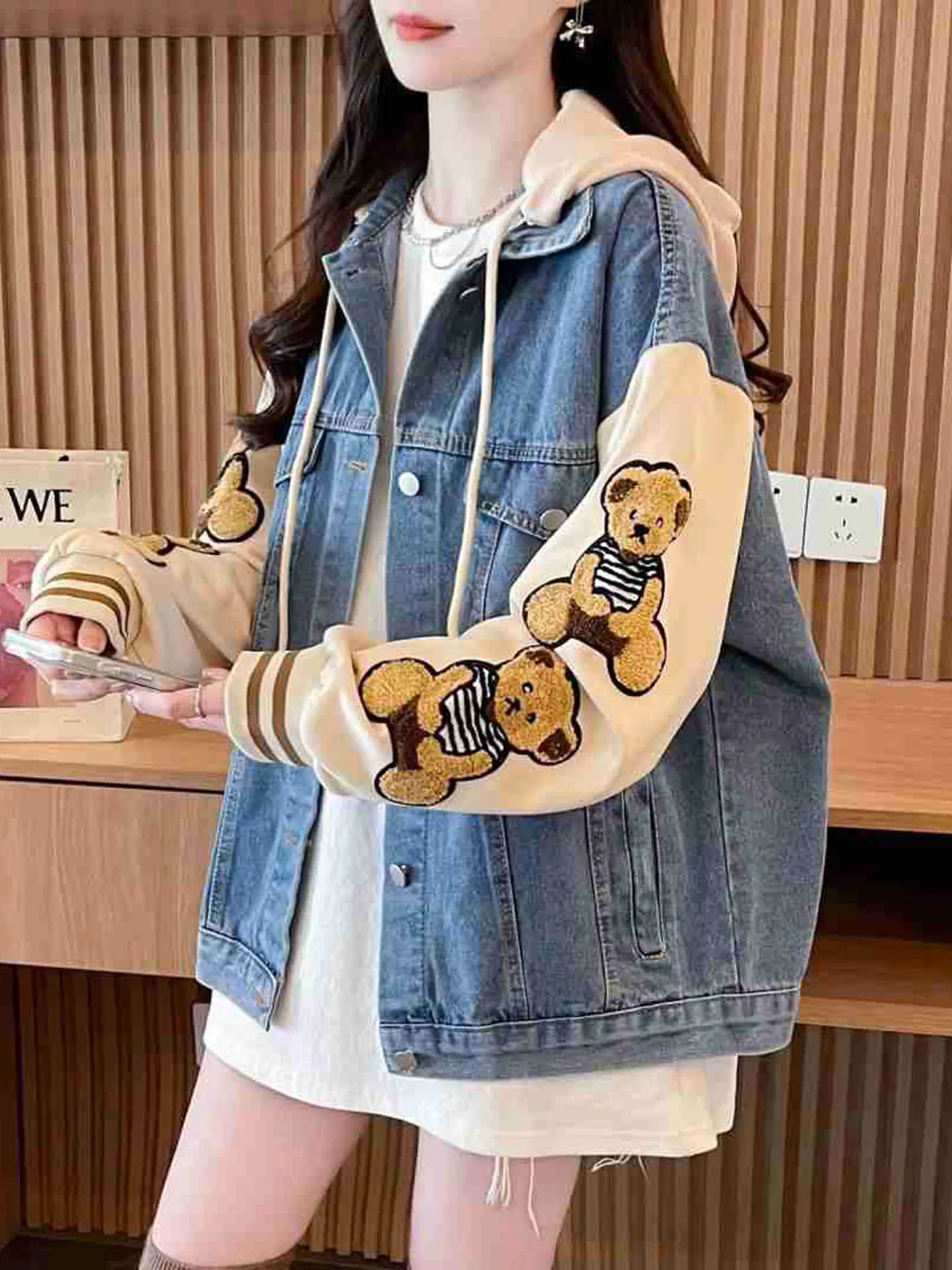 Loose Women's Denim Jacket Spring Autumn 2026 New Style Casual Open Cardigan Top Color Block Lazy Style Hooded Coat
