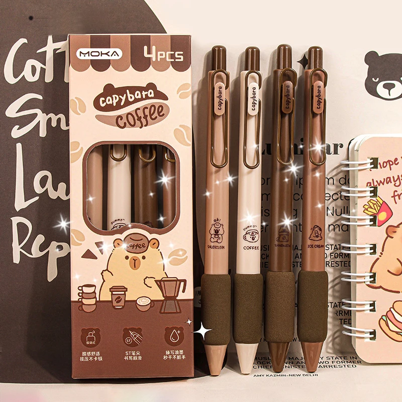 Stylos gel Kawaii à séchage rapide, dessin animé mignon, stylo Capybara, fournitures scolaires, papeterie esthétique, pressage melon al, 0.5mm, 4 pièces