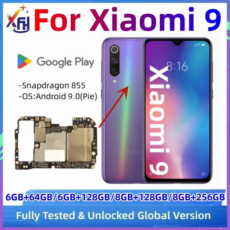 Motherboard for Xiaomi Mi 9, Unlocked Mobile Main Circuits Board, Mainboard with Full Chips, 64GB, 128GB ROM