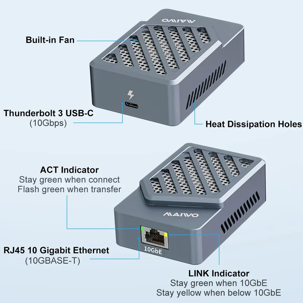 MAIWO 10 جيجابت إيثرنت ميناء إيثرنت محول Thunderbolt 3/4/5 USB 4 دعم تبديد صامت لنقل البيانات عالي السرعة