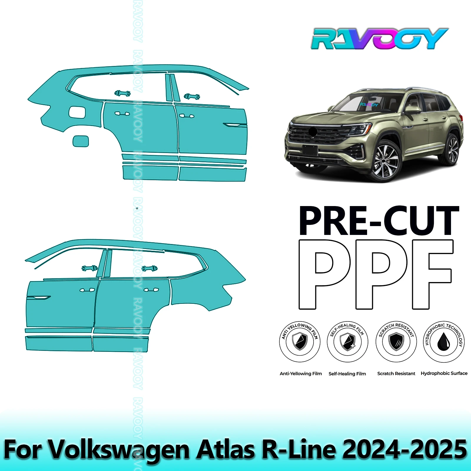 

For Volkswagen Atlas R-Line 2024-2025 8.5mil Clear Matte Pre-Cut PPF Door & A/B Pillar Kit TPU Paint Protection Film Set