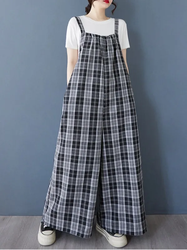 

Художественный шикарный клетчатый комбинезон нагрудник, свободный крой, большие размеры, женские утягивающие широкие брюки в стиле ретро, повседневные брюки для возраста