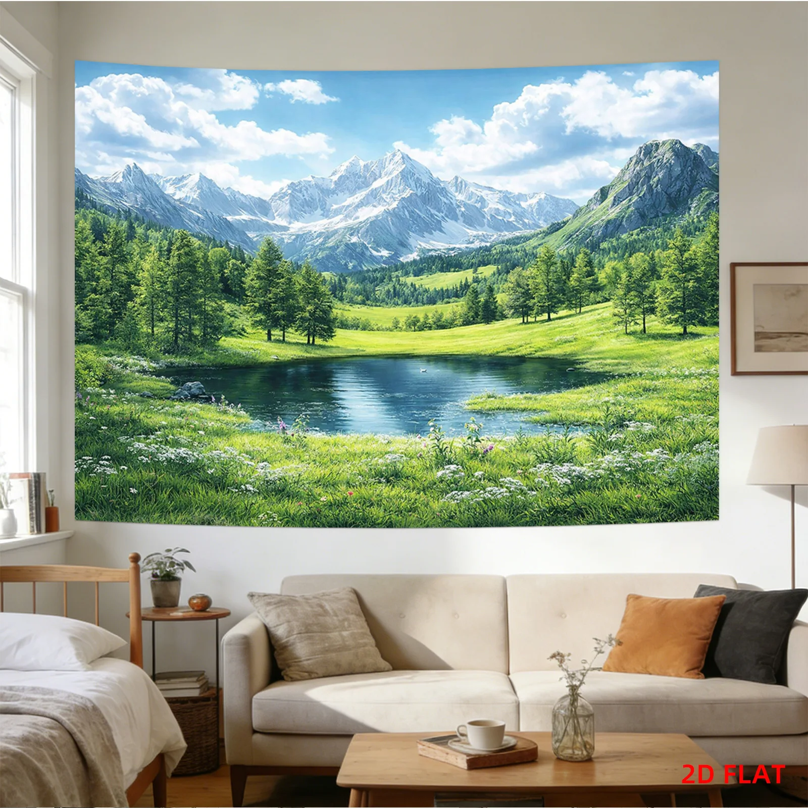 Alpine Lake Landscape Tapestry with Snowy Mountains, Pine Forest and Wildflowers 180x280cm Wall Decor