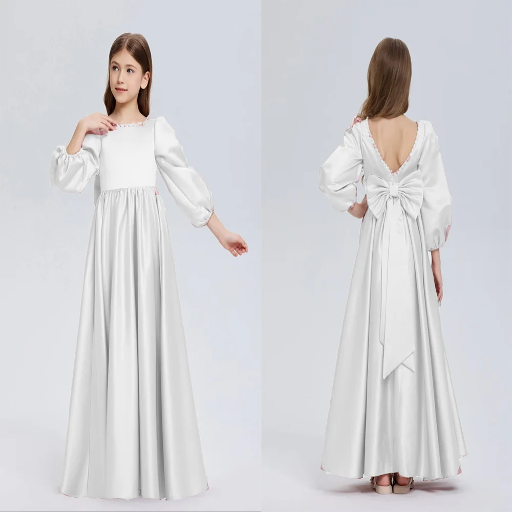 

White Pearl Satin Beautiful Girl Birthday Party Dress Suitable For Wedding Bridesmaids Princess First Communion Formal Occasions