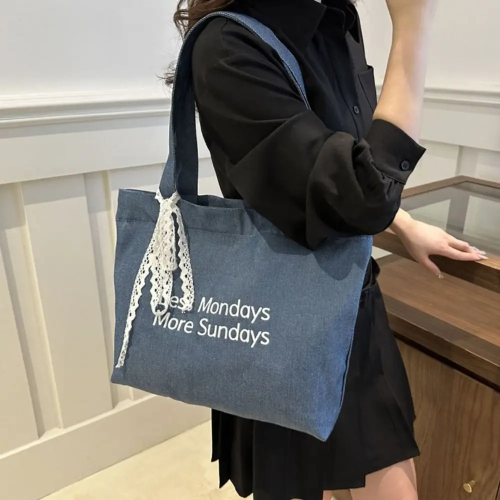 Large Capacity Denim Tote bag Multifunctional Fashion Printed handbag Shopping Bags Denim fabric Lace scarf shoulder bag